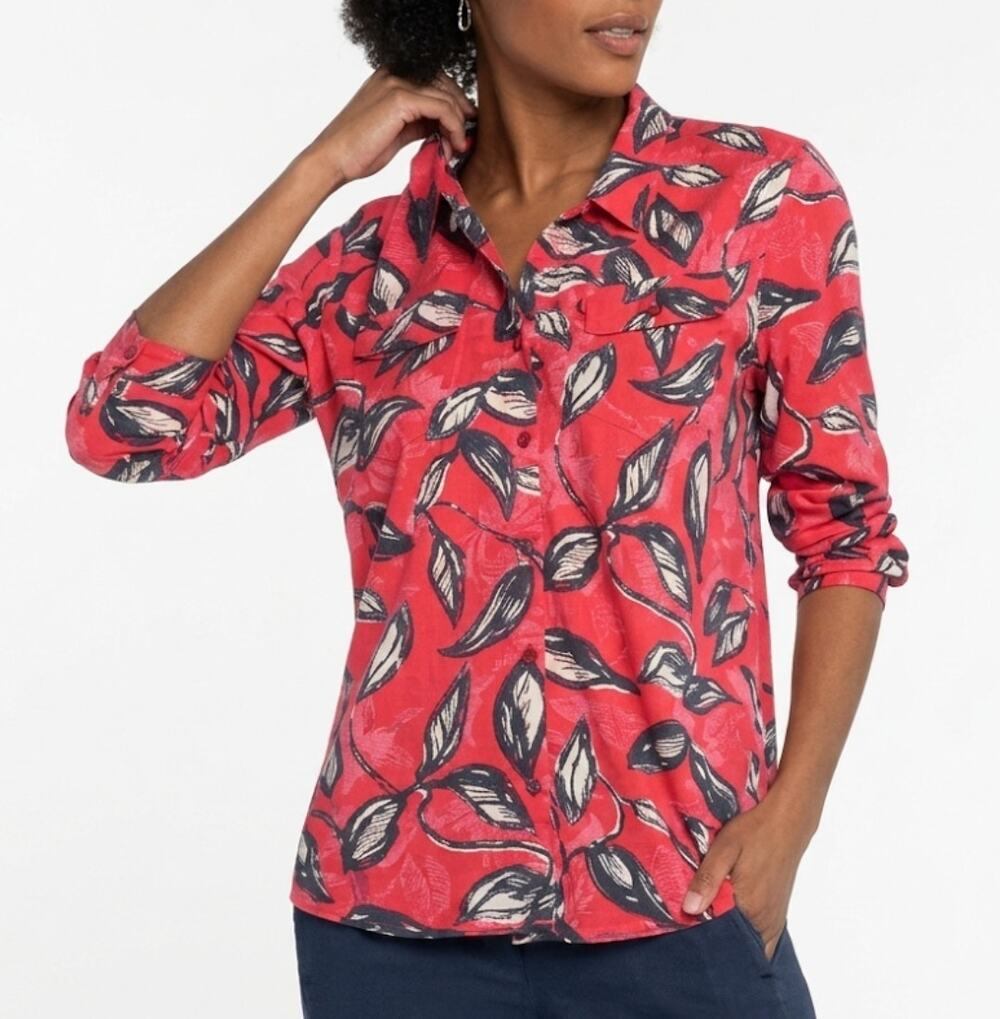 Nic & Zoe Leaf Print Button Top Womens Medium Petite Red Pink Navy Tropical